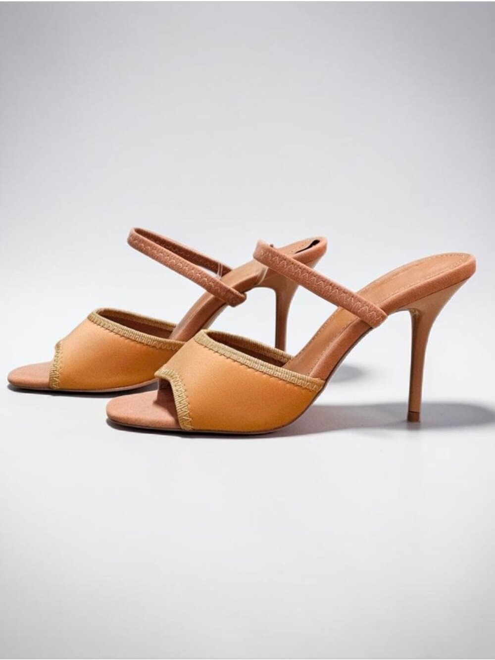 Taupe Stiletto Heeled Sandals With Strap Design Open Toe And Elegant Stitch Deta